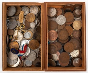 COINS & MEDALS: An accumulation of Australian and world coins, plus an assortment of medals, housed in two timber boxes, (qty)