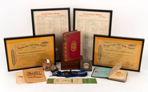 Two framed gold mining share certificates, two framed stock exchange certificates, Communist part leaflet, antique leather bound book on China, a vintage autograph album, a timber box, two miniature picture frames (one silver), a circa 1925 typed letter, 