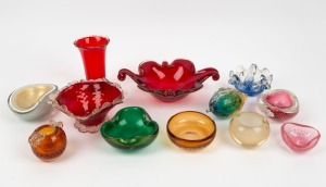 Murano ruby glass vase, bowls, dishes and fruit ornament, 20th century, (12 items), the vase 14cm high