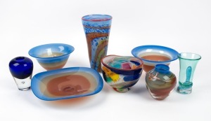 Eight pieces of art glass including Australian examples, predominantly in blue, the largest 26cm high