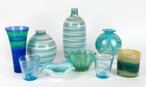 Nine assorted green and blue art glass vases including Mdina, Isle of Wight, Barovier & Toso and others, the largest 30cm high