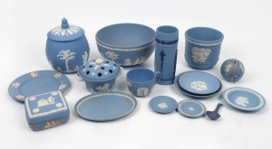 WEDGWOOD blue Jasper ware dishes, bowls, box, lidded jar, vase, pot pourri spoon, etc., 20th century, (14 items), the largest 17cm high
