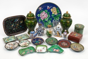CLOISONNE ware including a pair of green lidded vases, lidded boxes, dishes, vases, miniature teapots etc., mostly 20th century, (21 items), the largest 21cm high