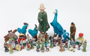 Forty four assorted Chinese ceramic figures, including turquoise glazed birds and Ming style funerary figure, 20th century, the largest 23cm high