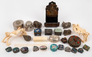 Assorted trinket boxes, carved ivory crab figures (damaged), boxwood netsuke, ornaments, etc, mixed vintages, (27 items), the largest 15cm high