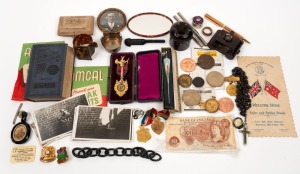 Medallions, medals, coins, banknote, bakelite camera, assorted photographs, silver condiment pot, book, pens, jewellery, etc, (qty)