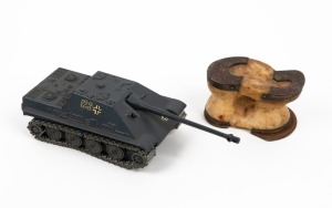 TABA: Argentinian game piece, cow knuckle with brass and steel marks, stamped "El Campechano";&nbsp;Together with a Panther Tank (No. 228(, made in France by&nbsp;Solido, 19cm long. (2 items).