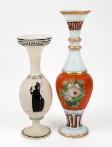 Two antique Bohemian glass mantle vases with hand-painted classical decoration, 19th century, the larger 40cm high