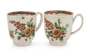 A pair of antique Worcester famille rose coffee cups with enamel floral decoration, circa 1765, 6.5cm high.&nbsp;