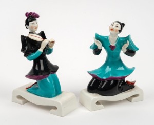 ROYAL WORCESTER&nbsp;pair of English porcelain chinoiserie&nbsp;figures, designed by Agnes Pinder Davis, mid 20th century, factory marks to base, the larger&nbsp;15cm high.