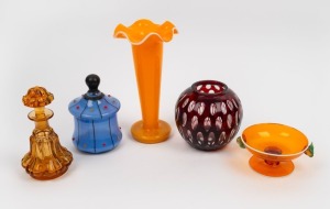 A mixed lot of Art Deco and vintage glass including Tango glass vase, Art Nouveau&nbsp;moulded amber glass scent bottle, Bohemian ruby overlay glass vase, orange glass footed dish with applied white trim and fruit decoration and blue glass Art Deco&nbsp;bonbonniere