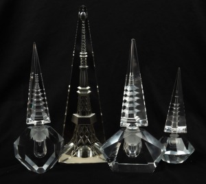 Hoya glass works Japan, three crystal scent bottles with reverse cut Pagoda stoppers, together with a Pagoda cut crystal desk Obelisk.The Obelisk 27cm high