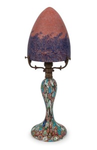 An Italian Murano&nbsp;glass&nbsp;millefiori&nbsp;lamp base attributed to Fratelli Toso&nbsp;with associated Art De France shade, circa 1930, 43cm high.