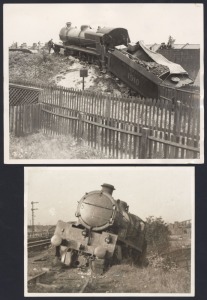 RAILWAY DISASTERS: Seven 1930s press agency photographs showing crumpled wreckage and/or inspection of wreckage - Lynemouth coal wagons crash on beach, three different views of Streatham, London tender uncoupling, a Paris express train overturned, and col