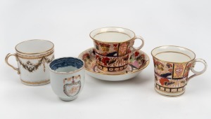 DERBY antique English porcelain coffee cup, circa 1780 (bearing paper label "Ceramic Society Of Australia 1959 Old English China Cat. No. 91, c.1780", together with a Derby antique English porcelain saucer and two cups with armorial crests, early 19th century, plus an antique Chinese porcelain tea cup with armorial crest, 18th century, (5 items), the saucer 14cm diameter