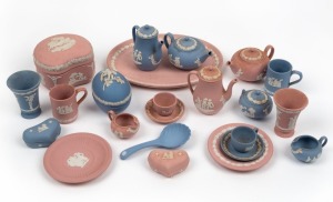 WEDGWOOD blue and pink jasper ware miniature ornaments including teaware, vases, trinket boxes etc., 20th century, (23 items), the tray 16cm wide