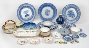 SPODE "Blue Room" porcelain cabinet plates, SHELLEY English porcelain blue and white butterfly vase; together with an assortment of porcelain saucers, dishes, basket, bowls, place name holders, etc., (qty)