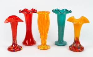 A group of five Bohemian art glass vases, including red and turquoise Tango with applied black trim, red and orange splatter decorated and a mottled orange and yellow bud vase. Circa 1920s.The largest 21cm high.