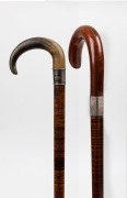 An unusual antique Australian walking stick with carved horn handle, silver collar and segmented leather shaft with brass ferrule; together with a blackwood and myrtle walking stick with silver collar, 19th/20th century, the larger 94cm high - 2