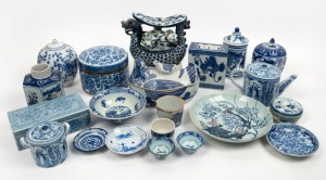 Chinese blue and white porcelain lidded jars, headrest, dishes, bowl, boxes etc., 19th and mostly 20th century, (20 items), the largest 18cm high