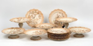 DOULTON BURSLEM antique English porcelain dessert service comprising, two comports, four tazzas and twelve plates, 19th century, (18 pieces), factory mark to base, the comports 15cm high, 24cm wide