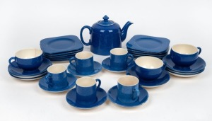 MOORCROFT "Powder Blue" English teaware, comprising of a teapot, three teacups, seven saucers, four coffee cups, five coffee saucers, and twelve side plates, mixed condition, (33 items), impressed factory mark, the teapot 14cm high