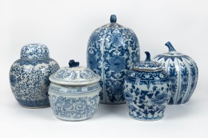 Five Chinese porcelain&nbsp;lidded jars, mid to late 20th century, the largest 38cm high