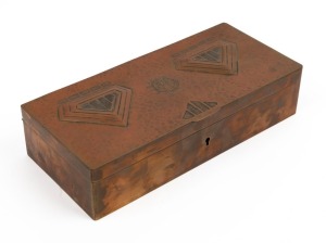 An Arts & Crafts beaten copper and repouss&eacute; box with cedar lining, engraved with monogram and dated 1909, 6.5cm high, 28cm wide, 13cm deep