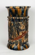 BRUNSWICK POTTERY rare and superb exhibition quality pottery umbrella stand of tree stump form with applied lizards and branches, impressively glazed in mottled blue majolica drip glaze, by JAMES CAMPAIN, 19th century, incised "J.J.C.", 57cm high, 34cm di - 2
