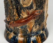BRUNSWICK POTTERY rare and superb exhibition quality pottery umbrella stand of tree stump form with applied lizards and branches, impressively glazed in mottled blue majolica drip glaze, by JAMES CAMPAIN, 19th century, incised "J.J.C.", 57cm high, 34cm di - 4