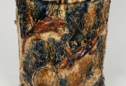 BRUNSWICK POTTERY rare and superb exhibition quality pottery umbrella stand of tree stump form with applied lizards and branches, impressively glazed in mottled blue majolica drip glaze, by JAMES CAMPAIN, 19th century, incised "J.J.C.", 57cm high, 34cm di - 5
