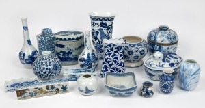 Assorted blue and porcelain vases, scholar's rests, box, etc, mostly Chinese and Japanese, 20th century, (qty), the largest 23cm high