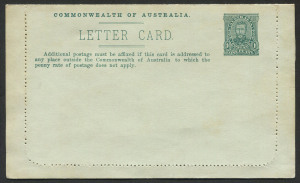 Letter Cards: 1911-12 (BW:LC10/33) 1d KGV Full-Face, perf. 10 on Grey surfaced card, September 1912 printing in blue-green, "Central R'l'y. S't'n, Sydney" illustration, unused Cat $175.