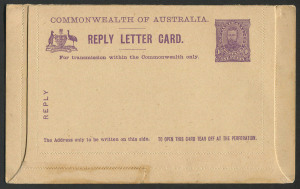 Letter Cards: 1911 1d + 1d Full-Face Design Reply Lettercard, 'Giant Red Gum, Vic' and 'Queen's Gardens Perth, WA' in purple, small faults, BW:LC13.