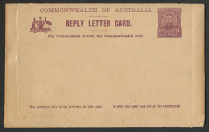 Letter Cards: 1911 1d + 1d Full-Face Design Reply Lettercard, 'Hobart from the Bay' and 'Viaduct near Adelaide, SA' in reddish- purple, minor imperfections unused; BW:LC13.