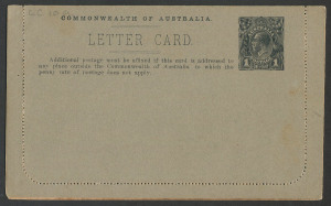 Letter Cards: 1914-18 Military Views (BW:LC25/M3B) 1d KGV Sideface Perf.12½, in black on Grey, pink interior, "H.M.A.S. Melbourne" , stuck down on two sides, unused.