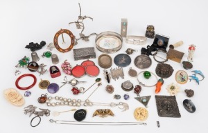 A collection of trinkets and ornaments, silver thimbles, jewellery, snuff box, etc, (qty)