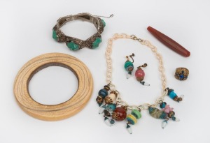 A Chinese filigree silver and turquoise bracelet, a Chinese gilt filigree silver ring with cabochon lapis lazuli stones, a mammoth ivory bangle, Chinese hatpin earrings, faceted bead, and an ivory necklace with Chinese beads, (6 items), the bangle 11cm di