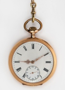 An antique Swiss open faced pocket watch in 14ct yellow gold case with crown wind movement, Roman numerals, enamel dial with subsidiary dial, suspended on an antique gold plated fob chain, 19th century, ​​​​​​​6.5cm high including bow, 70 grams total incl