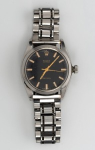 ROLEX "Oyster Precision" manual wind gents stainless steel wristwatch with black dial and baton numerals, later steel bracelet and ownership engraving to the back of the case, 3.8cm wide including crown