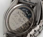 ROLEX "Oyster Precision" manual wind gents stainless steel wristwatch with black dial and baton numerals, later steel bracelet and ownership engraving to the back of the case, 3.8cm wide including crown - 2