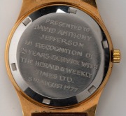 OMEGA automatic wristwatch with date window, baton numerals, gold plated case with stainless steel back, engraved with presentation details verso, ​​​​​​​3.8cm wide include crown&nbsp; - 2