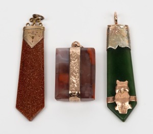 An antique New Zealand greenstone and 9ct gold pendant, together with a similar antique goldstone and 9ct gold pendant, plus a 9ct rose gold mounted agate pendant, 19th/20th century, (3 items), the largest ​​​​​​​6cm high overall