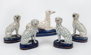 STAFFORDSHIRE porcelain dog inkwell; together with two pairs of STAFFORDSHIRE porcelain dogs, 19th century, (5 items), the largest 13cm high