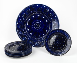 ARABIA WARE Finnish stoneware blue patterned platter and six matching side plates, ​​​​​​​the platter 36cm diameter