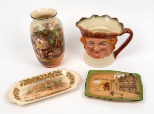 ROYAL DOULTON "Old King Cole" rare porcelain character jug; together with a ROYAL DOULTON "Rustic England" porcelain vase, ROYAL DOULTON "Watchman" porcelain T.V. saucer and a ROYAL DOULTON "Old English" porcelain pen tray, (4 items), factory marks to bas