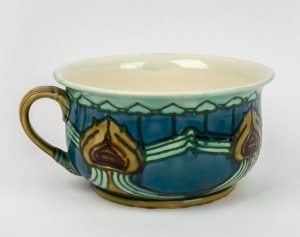MINTON SECESSIONIST antique&nbsp;English porcelain chamber pot with blue, green and ochre&nbsp;glazed Art Nouveau floral decoration, circa 1910, factory stamp to the base "MINTON LTD, No 36",