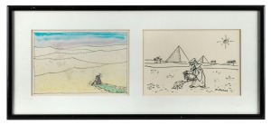 DAG DURICH&nbsp;"Life in the Desert", original cartoon artwork done in two panels framed as one, from Australian Post, 1988, together with a framed PEATTIE & TAYLOR facsimile print of a political cartoon, (2 items), the larger 29 x 64cm overall
