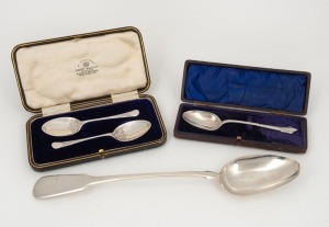 A pair of bright cut engraved silver plated spoons in original "Hardy Bros Ltd." plush fitted case; together with a sterling silver Christening spoon in case, made in Birmingham, circa 1904, and a silver plated fiddle pattern basting spoon. 19th and 20th 
