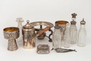 Silver plated spirit kettle stand, sterling silver cigarette case, silver plated coffee pot, silver plated goblets, six crystal cruet bottles with silver tops and a silver fish trinket, (12 items)